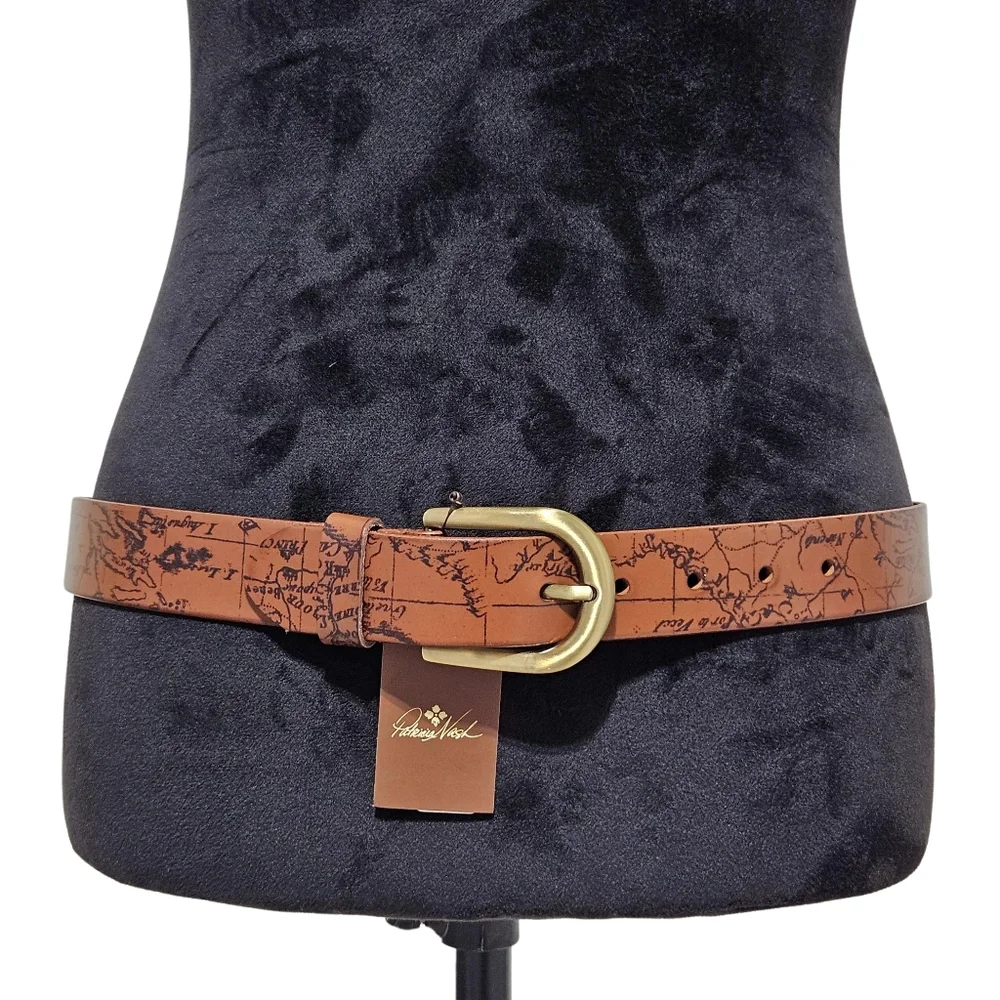 Patricia Nash Belt Brown Leather Vietri Map Gold Tone Buckle Boho